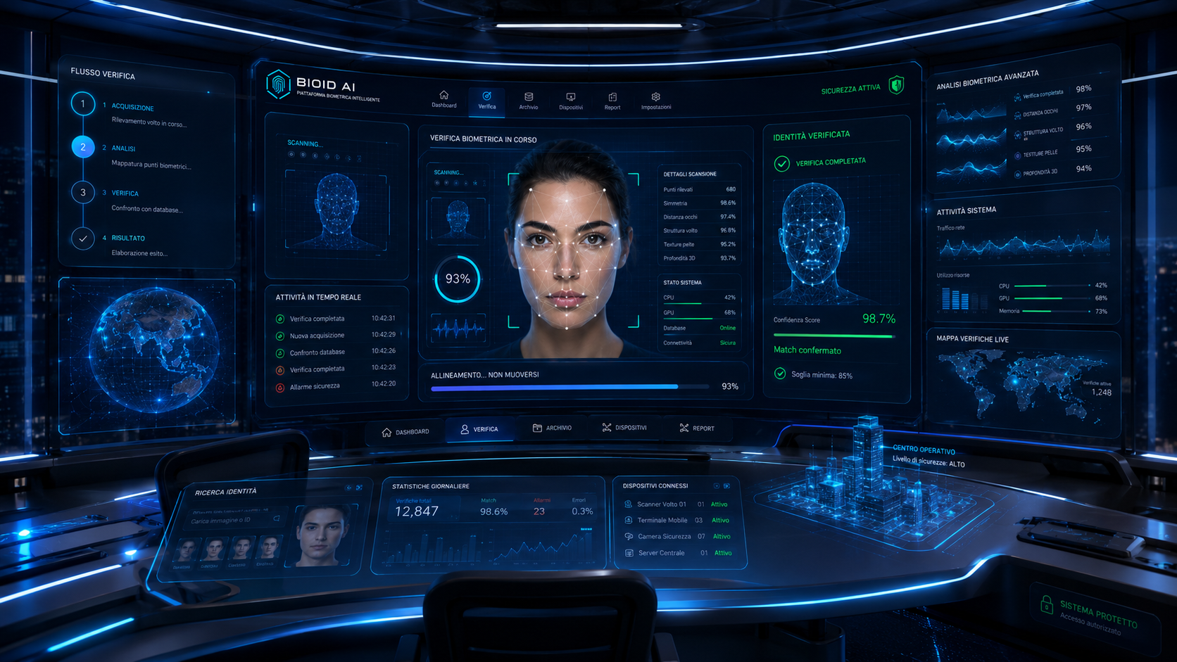 Interfaccia futuristica del command center biometrico POLIS BIO AI